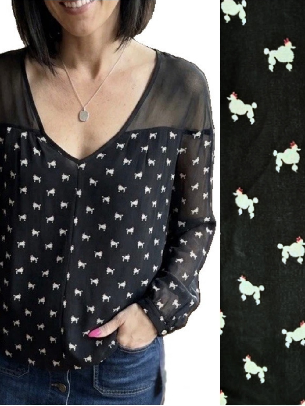 Poodle Dog Print Anthropologie Weston Wear 100% Silk Blouse Top Small NWT Casual